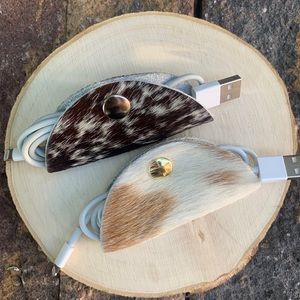 Cowhide cord holder dark brown and white